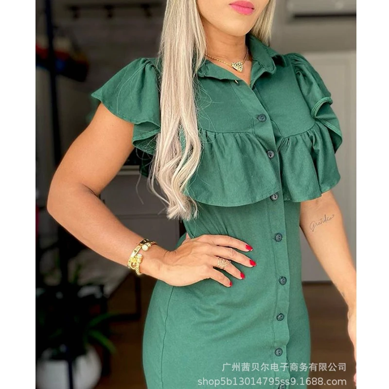 

Mandylandy Dress Summer Ruffle Sleeve Turn-down Collar Ruffle Stitching Dress Women Sexy Solid Color Slim Single-Breasted Dress