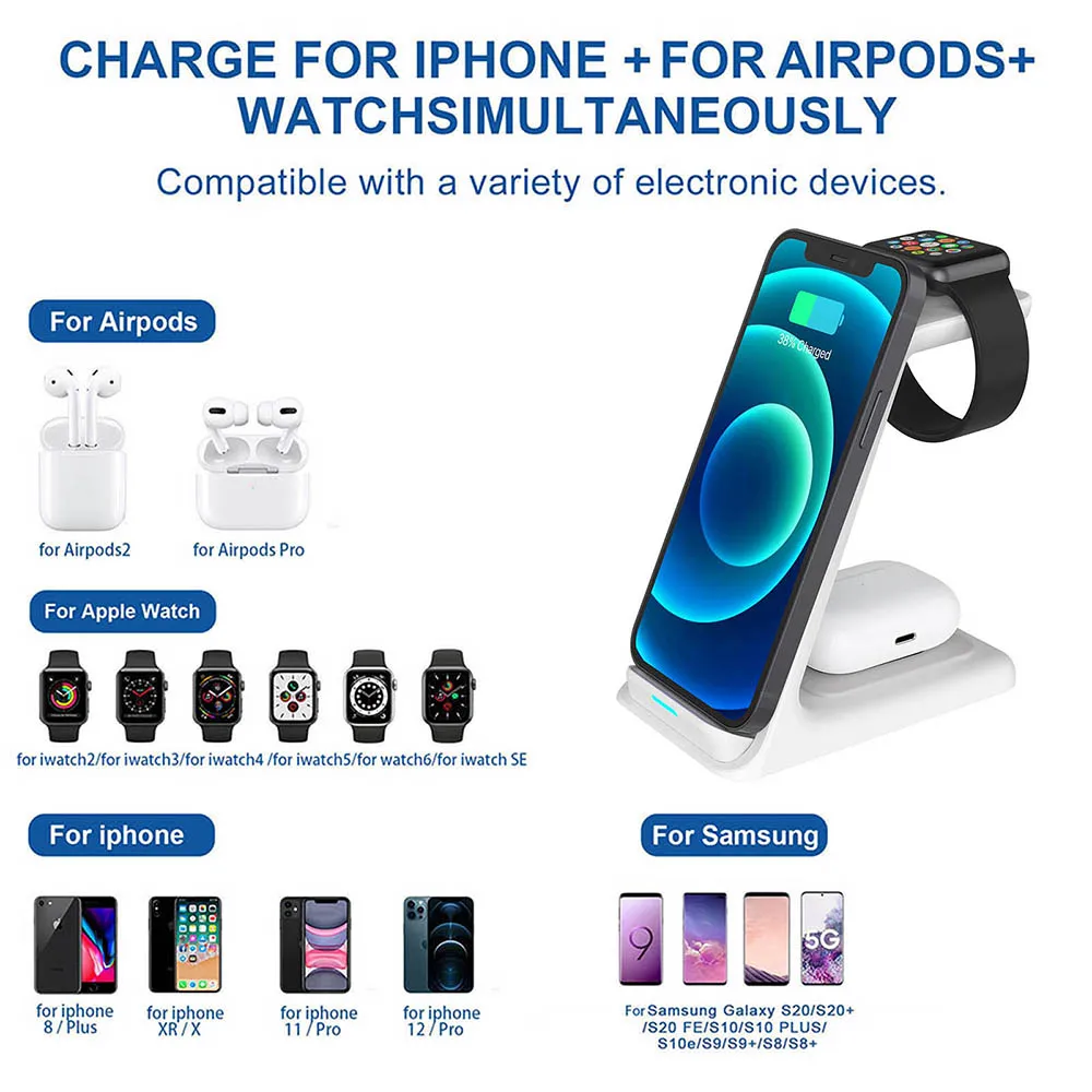 Беспроводная зарядная док-станция 3 в 1 20 Вт Qi для Apple Watch 6 5 4 AirPods iPhone 12 11 XS XR X 8