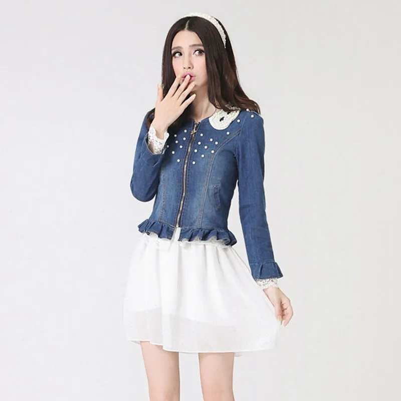 Женская джинсовая куртка WSYORE новая с потертым жемчугом на воротнике кружевное