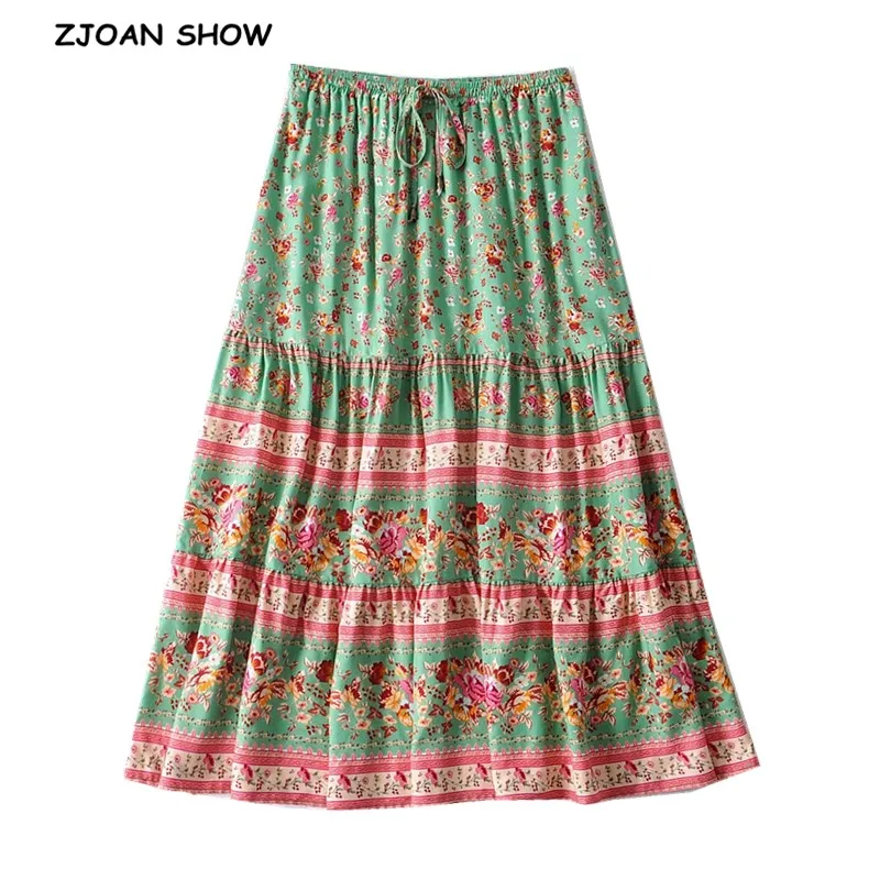 

Bohemia Spliced Ruched Pleated Floral Print Women Skirt Hippie Adjust Stream Elastic Waist Swing Skirts Holiday Beach