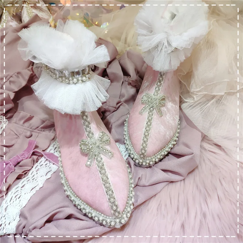 

Velvet pink bow mid-heel women's shoes spring lace pointed high-top shoes