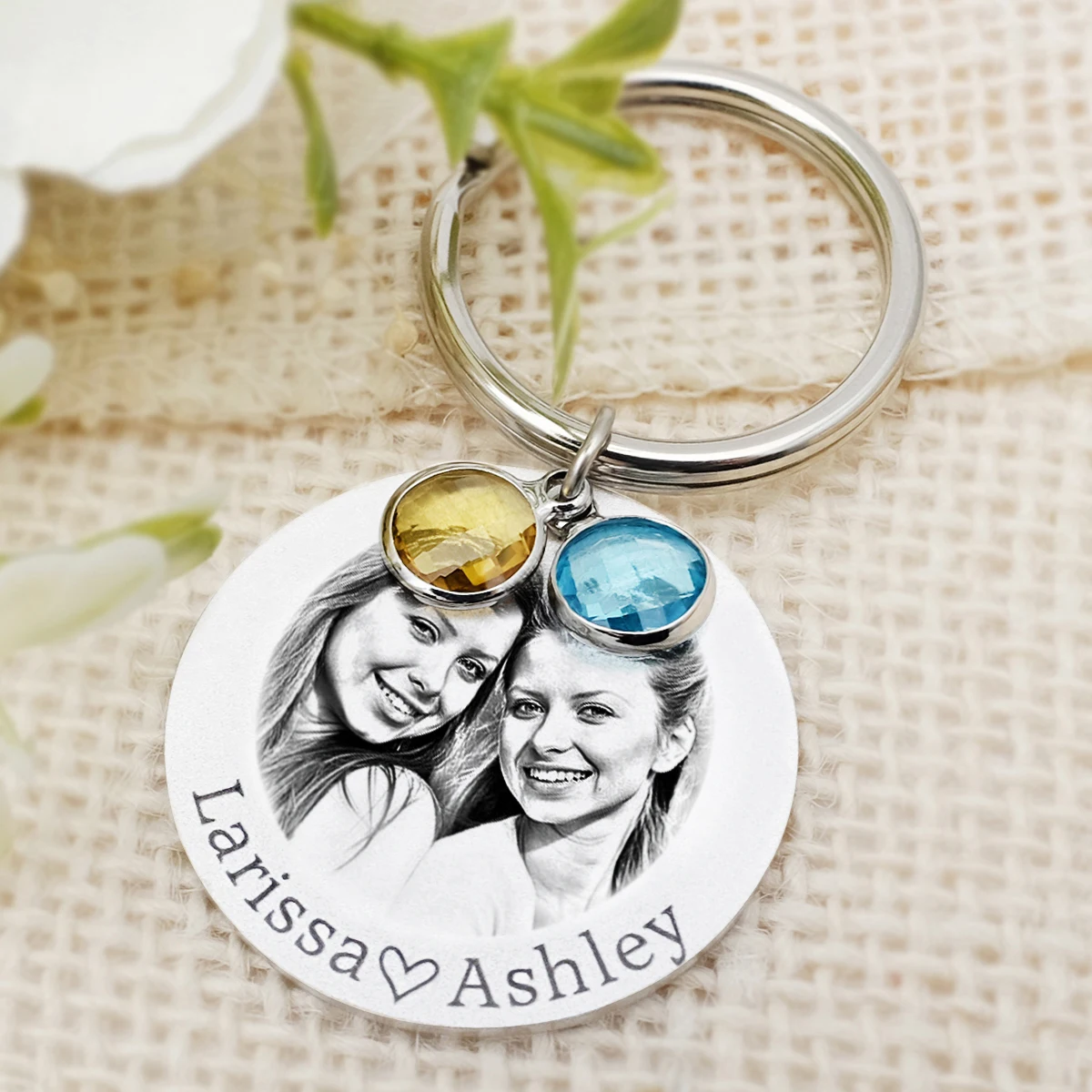 Personalized Photo Keychain With Birthstones Custom Names Picture Keychain Friendship Gift Annivers Keyring Mother's Day Gift