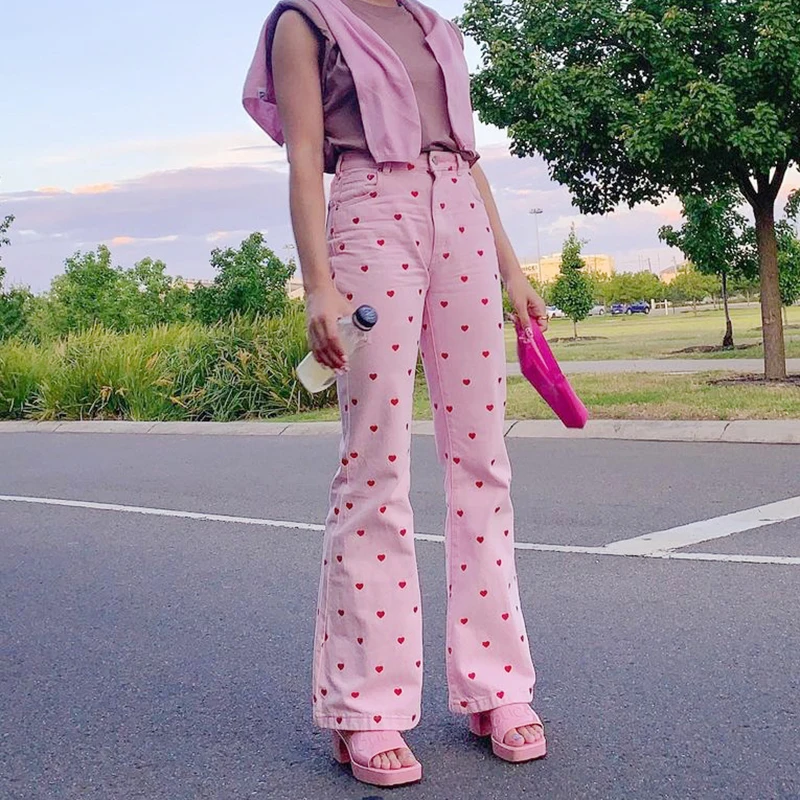 

Heart Print Pink High Waist Flare Pants Mon Cute Full Length Trousers 90S Women Harajuku Vintage Fashion Capris Autumn