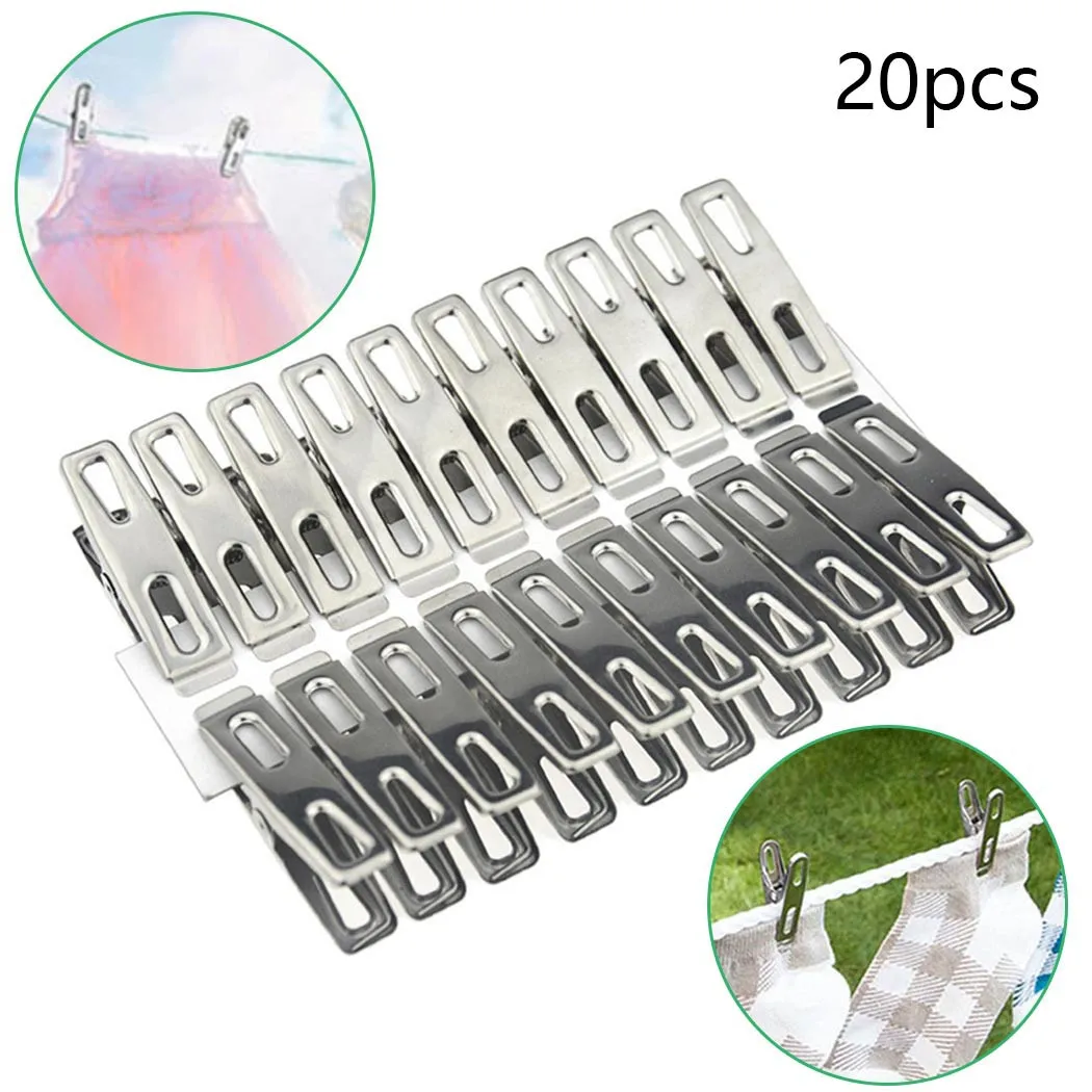

20pcs\set Towel Clothes Pegs Stainless Steel Clip Hang Pins Laundry Clamps Hanger Laundry Storage Organization Windproof
