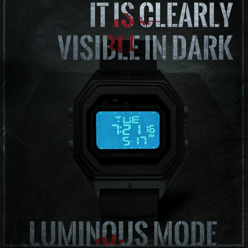 Мужские спортивные часы NORTH EDGE водонепроницаемые цифровые с компасом