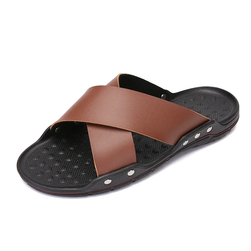

Brand Slippers Men 2021 Summer Flat Sandals Genuine leather Casual Beach Flip Flops Shoes Non-slip Indoor House Home Slippers