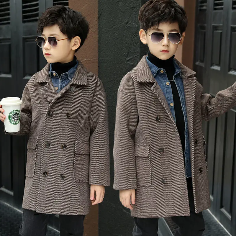 

Boy Wool Coat for Autumn & Winter Children's Jacket Fashion Turn Collar Plaid Keep Warm Outerwear Teenage Clothes 2022