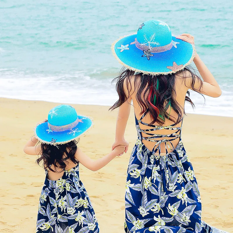 National Graffiti Hand-painted Sea Hair Edge Lafite Straw Hat Female Summer Holiday Vacation Beach Shade Parent-child Sun Hats |