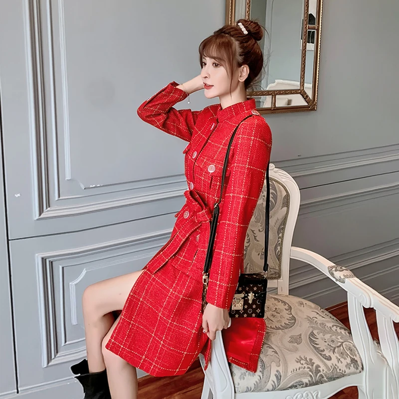 Женское шерстяное пальто с поясом длинное однобортное в стиле милитари твидовая