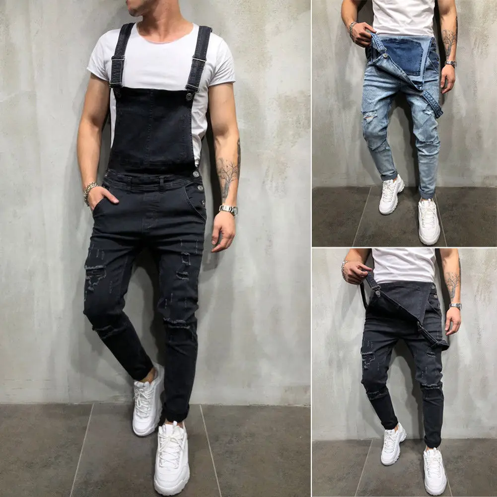 

Hot Sale Fashion Men's Distressed Bib Overalls Plus Size 3xl Fashion Ripped Jeans Jumpsuit Man Suspender Pants