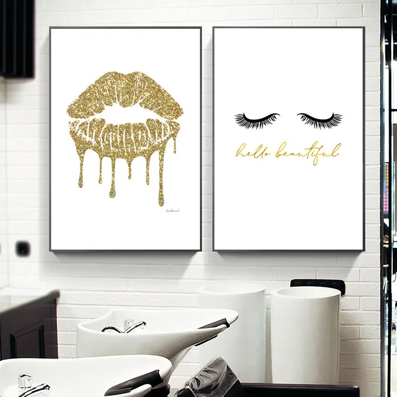 

Golden Lips Poster Modern Canvas Painting Print Eyelash Picture Wall Art for Living Room Decoration Beauty Salon Bedroom Decor