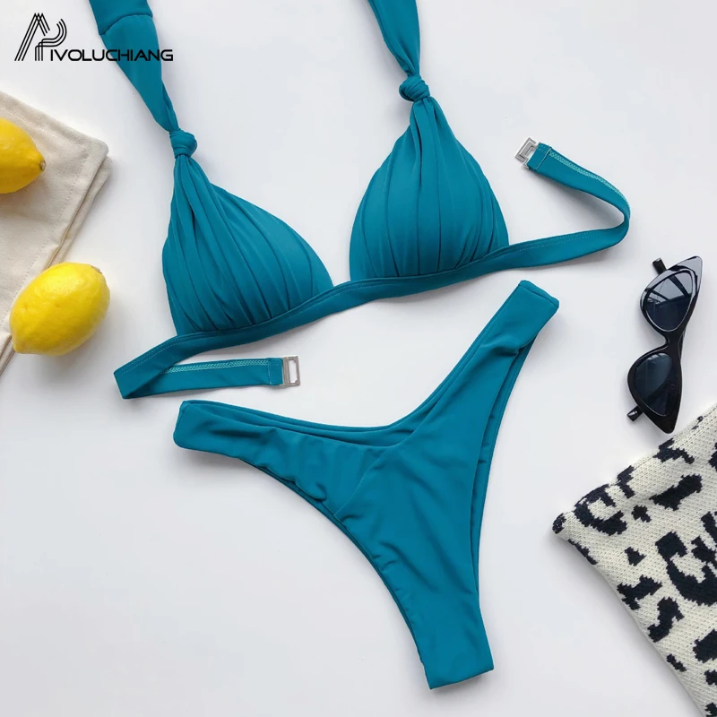 Однотонный комплект бикини купальник с лямкой на шее Женский треугольный 2020