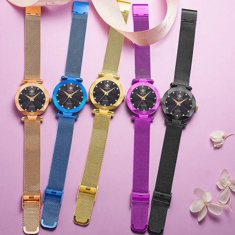 

WWOOR Best Sell Starry Sky Woman Watch Top Brand Luxury Diamond Black Stainless Steel Quartz Bracelet Watches Women Montre Femme