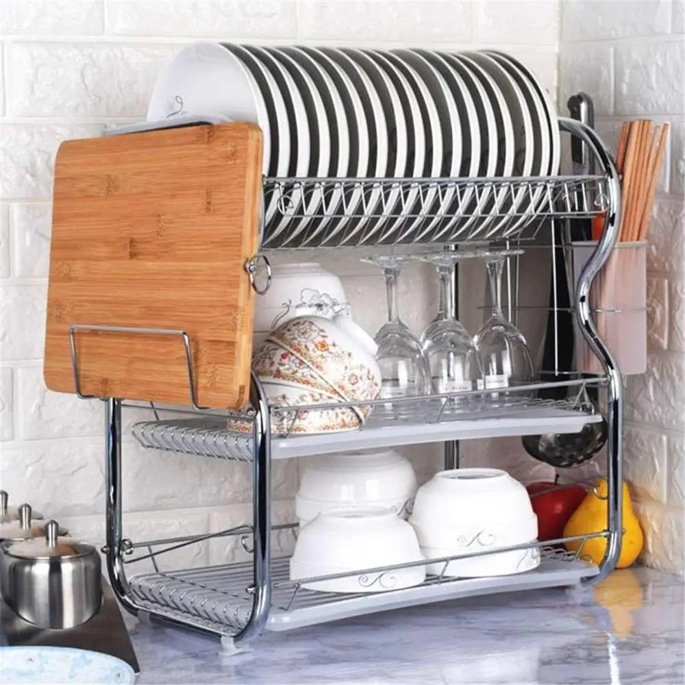 

2 Tier Stainless Steel Drying Rack Bowl S-Shaped Dish Drainer Dish Draining Shelf Dryer Tray Holder Kitchen Organizer