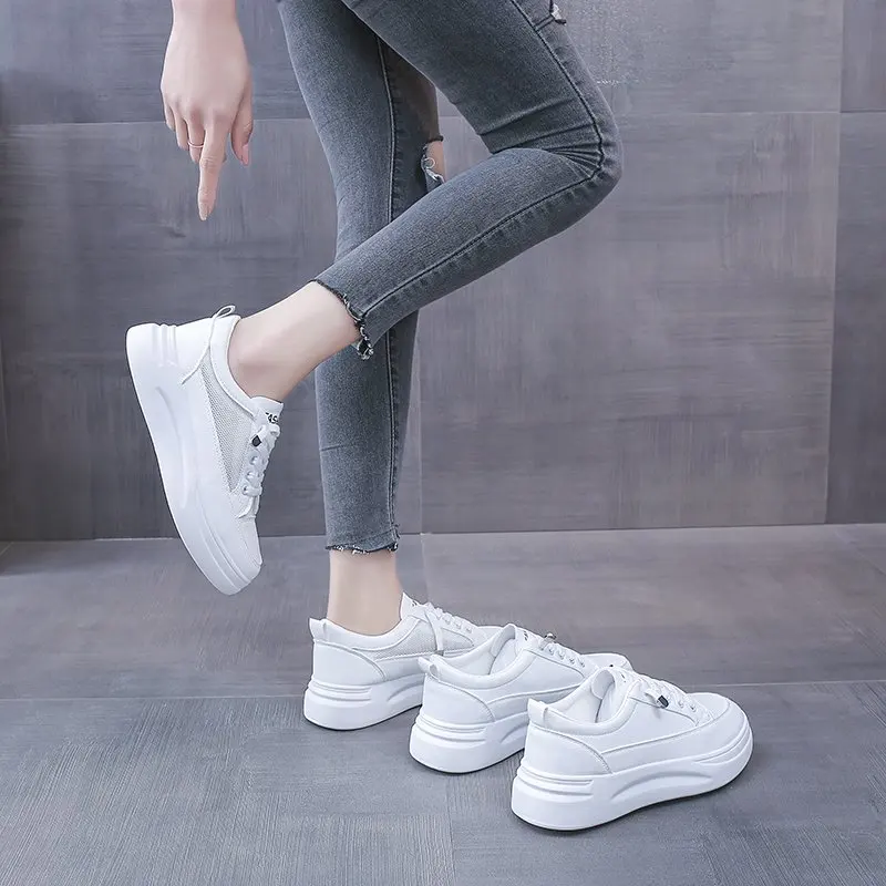 

New Women Sneakers Autumn Leather Light White Sneaker Female Platform Vulcanized Shoes Spring Casual Mesh Cloth Sports Shoe