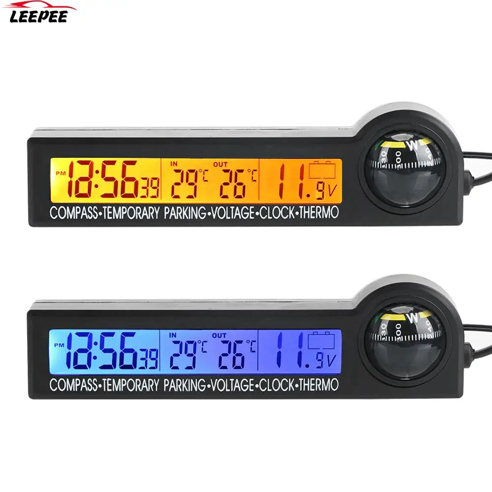 

Multi-Function Voltage Tester LCD Display Screen Car Temporary parking card 5 in 1 Clock Calendar Compass Thermometer