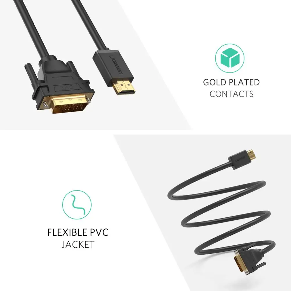 Ugreen hdmi к DVI DVI-D 24+ 1 контакт. кабели-переходники 3D1080p для жк-dvd HDTV XBOX PS3 высокоскоростной HDMI кабель 2 м 3 м 5 м