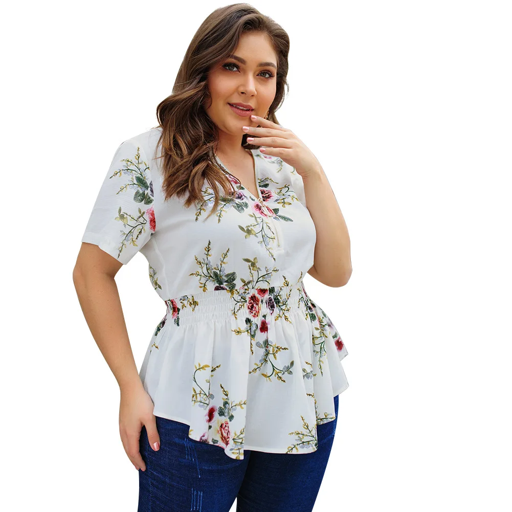 

2021 Summer Big Size Blouse Women Floral Blouse Shirt Women Plus Size Blouse Ladies Oversize V-neck Blouse For Women 3XL 4XL