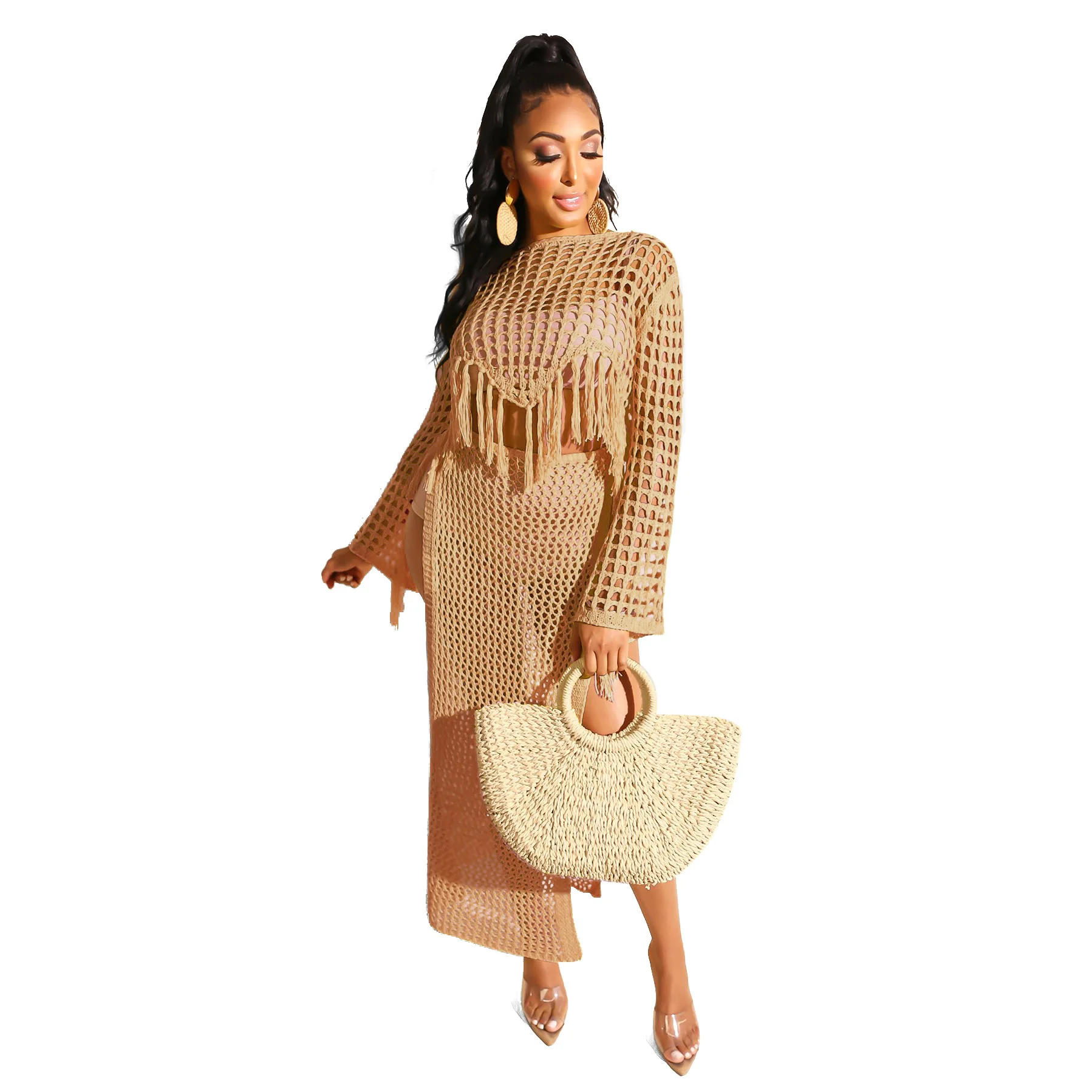 

JRRY Sexy Beach Women Knitted Skirt Set Tassels Beach Wear Crocheted Slit Beach Crochet Set Two Pieces Beach Knit Skirt Set