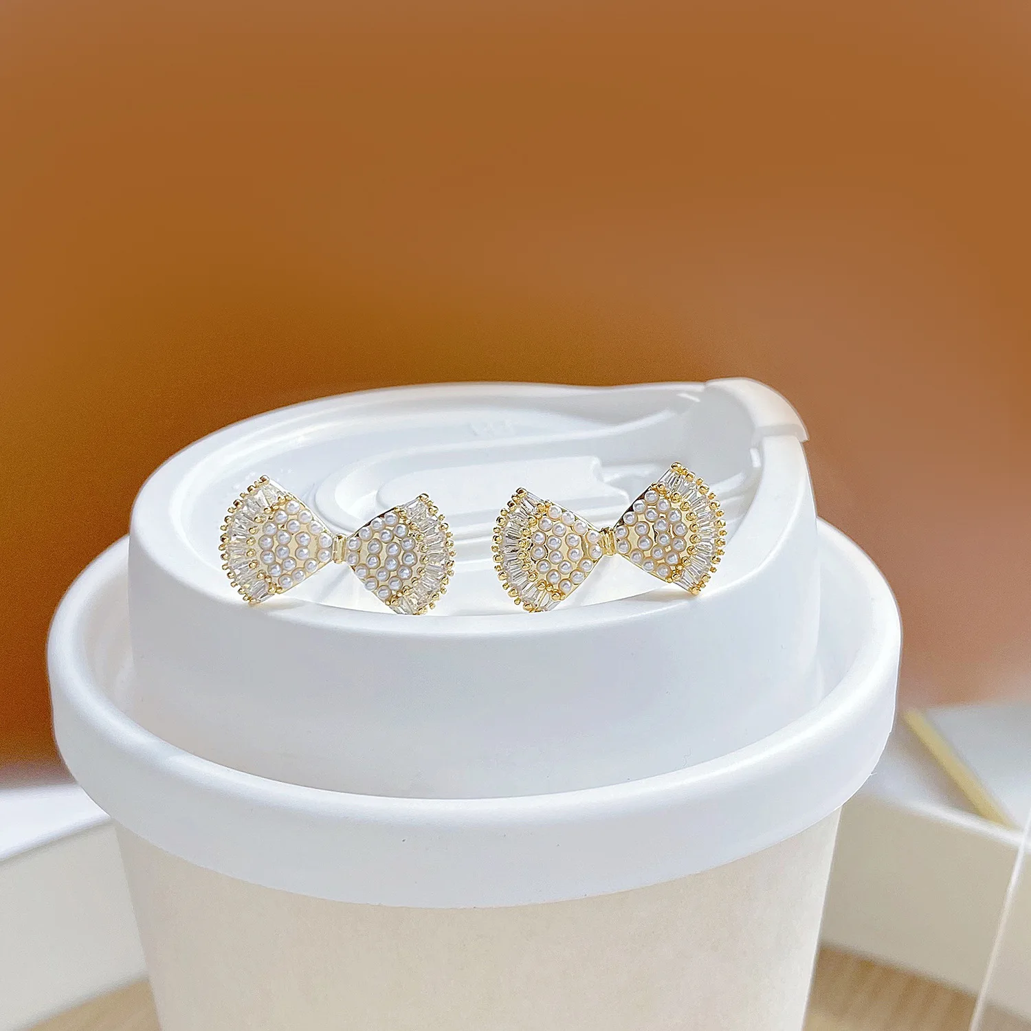 

Korea Fashion 14K Real Gold Pearl Bow Girly Heart Cute Temperament Stud Earrings for Women Cubic Zircon ZC Earrings