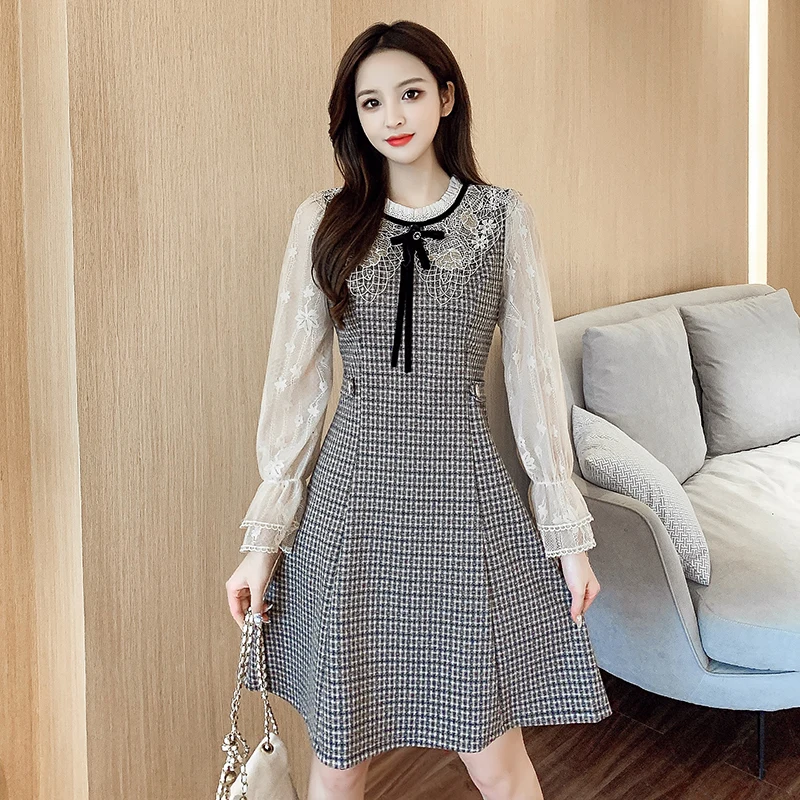 

Lace Mesh Patchwork Plaid Bow Women Dresses Elegant Folds O-Neck Long Sleeve Slim A-Line Autumn French Dress One Piece Vestidos