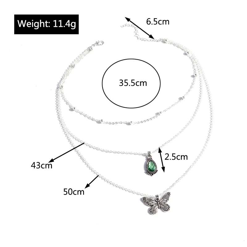 

Fashion Green Crystal Water Drop Butterfly Necklace for Women Multi-Layer Chains Necklaces Female Jewelry Accessories