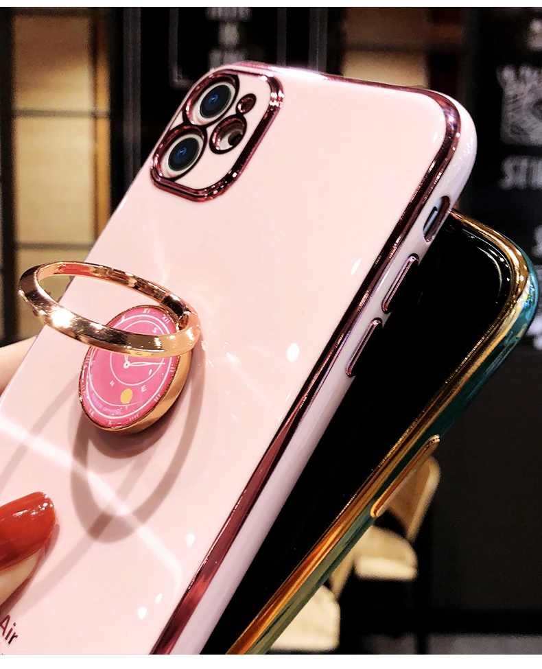

Boucho Luxury Soft Silicone Case For iPhone 12 11 Pro Max XS X 7 8 6 6S plus SE XR Stand Ring Holder Cover Case With Finger Ring