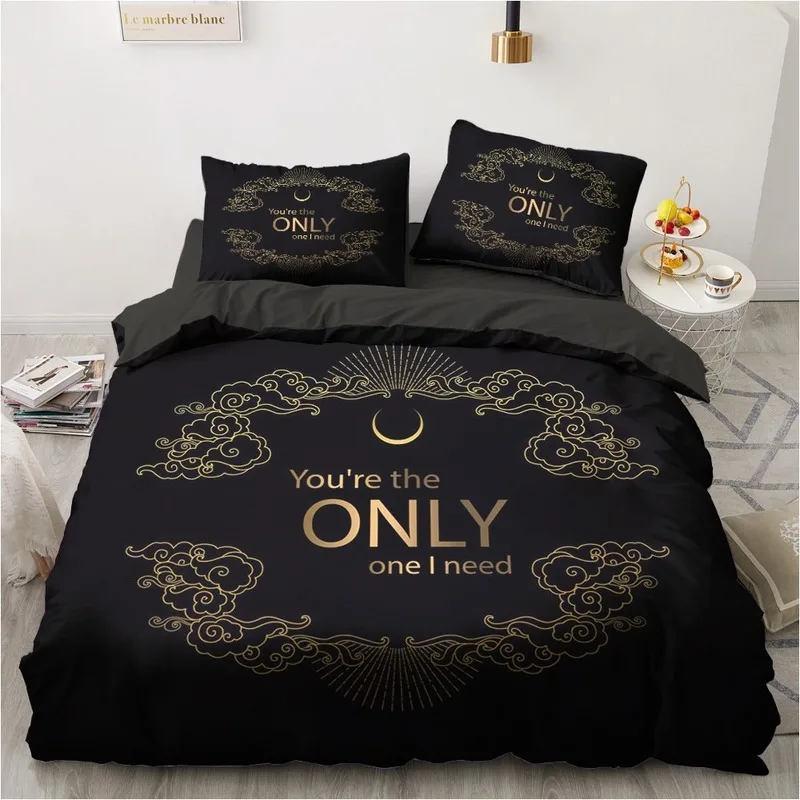 

3D Black Bedding Sets Duvet/Quilt/Comforter Cover Set Bed Linen Pillowcase King Queen 245x210cm Size Only Gold Design Printed