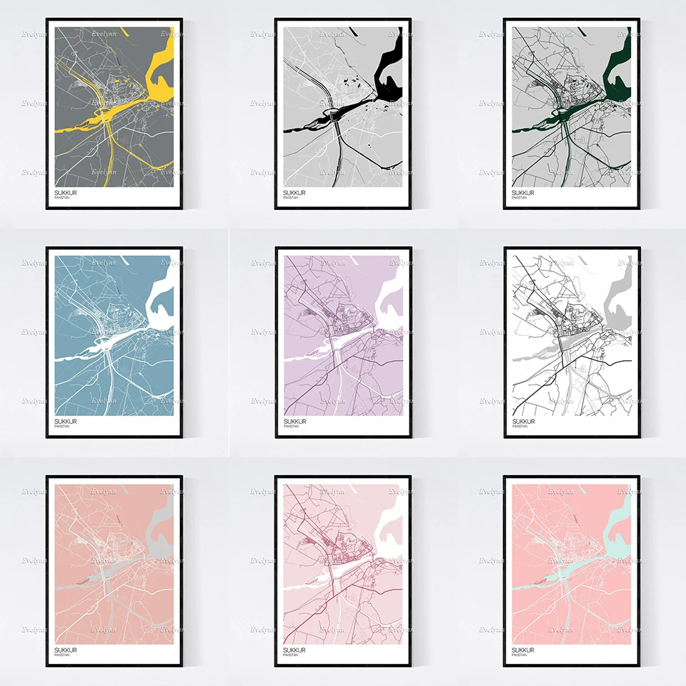 

Sukkur, Pakistan Map Nordic Retro Minimalism Painting Posters and Prints on Canvas Wall Art Modular Pictures Home Decor