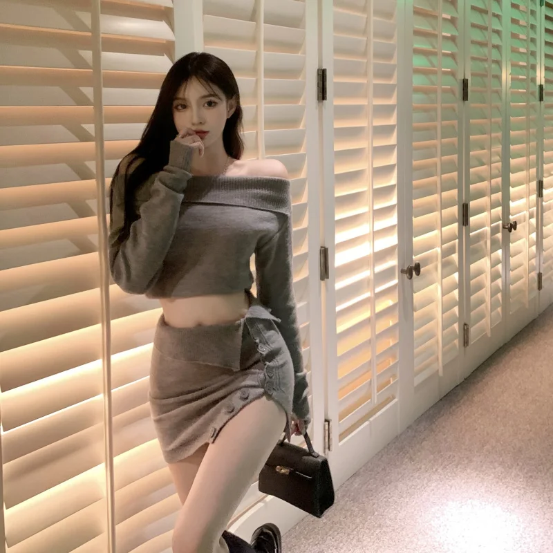 

Женский костюм из двух предметов, облегающий топ с воротником-лодочкой, открытыми плечами и длинным рукавом, одежда в эстетическом стиле дл...