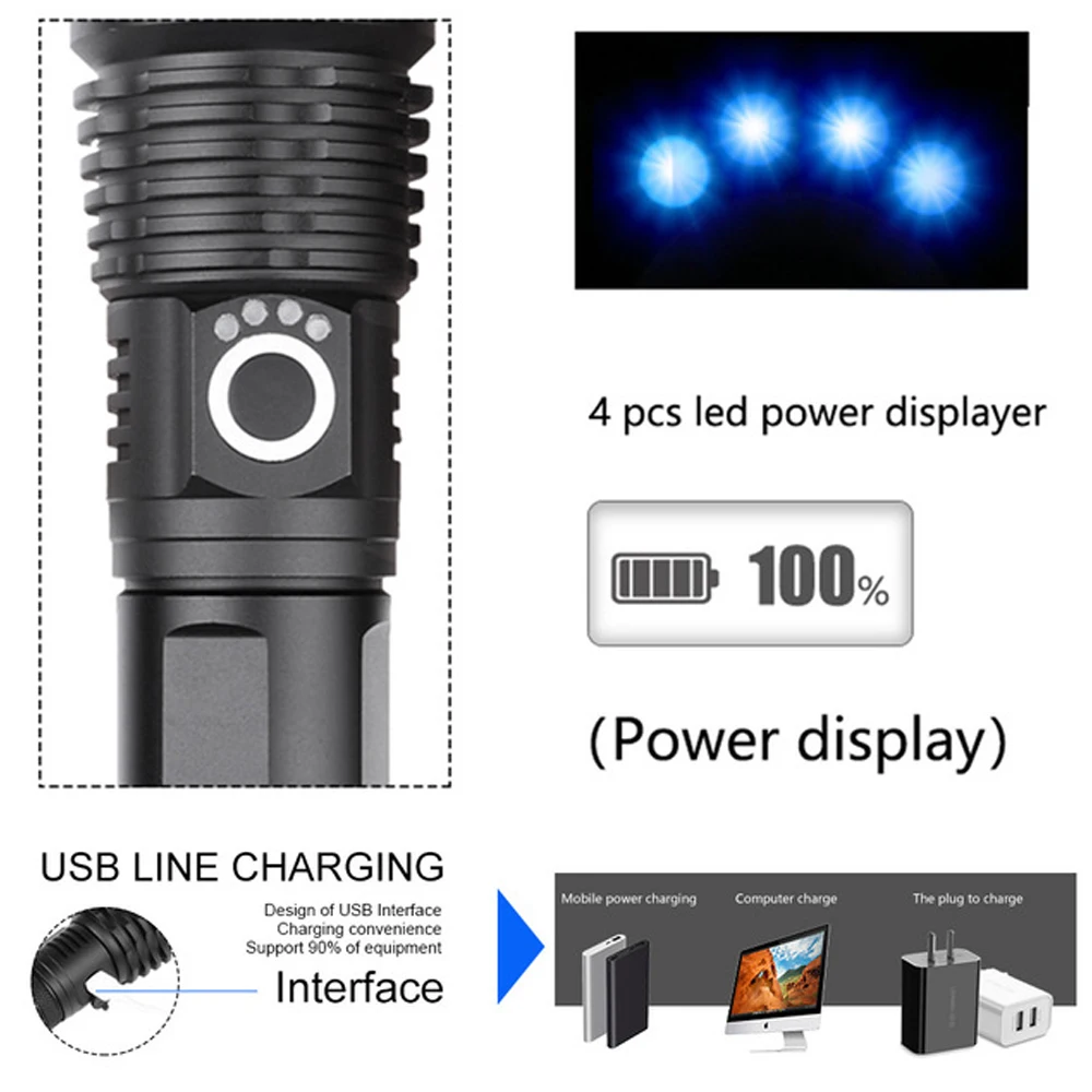 Online XHP90 LED El Feneri Yakınlaştırma USB şarj Edilebilir Ultra Güçlü Torch 18650 El ışık Açık Taktik El Feneri Dropshipping