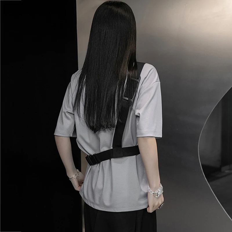 

[EAM] Women White Big Size Suspenders Loose Casual T-shirt New Round Neck Half Sleeve Fashion Tide Spring Summer 2021 1DD7721