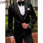 Черные мужские костюмы, свадебные смокинги, индивидуальный пошив, Кружевной Костюм жениха для шафера, мужская деловая официальная одежда, 3 шт.