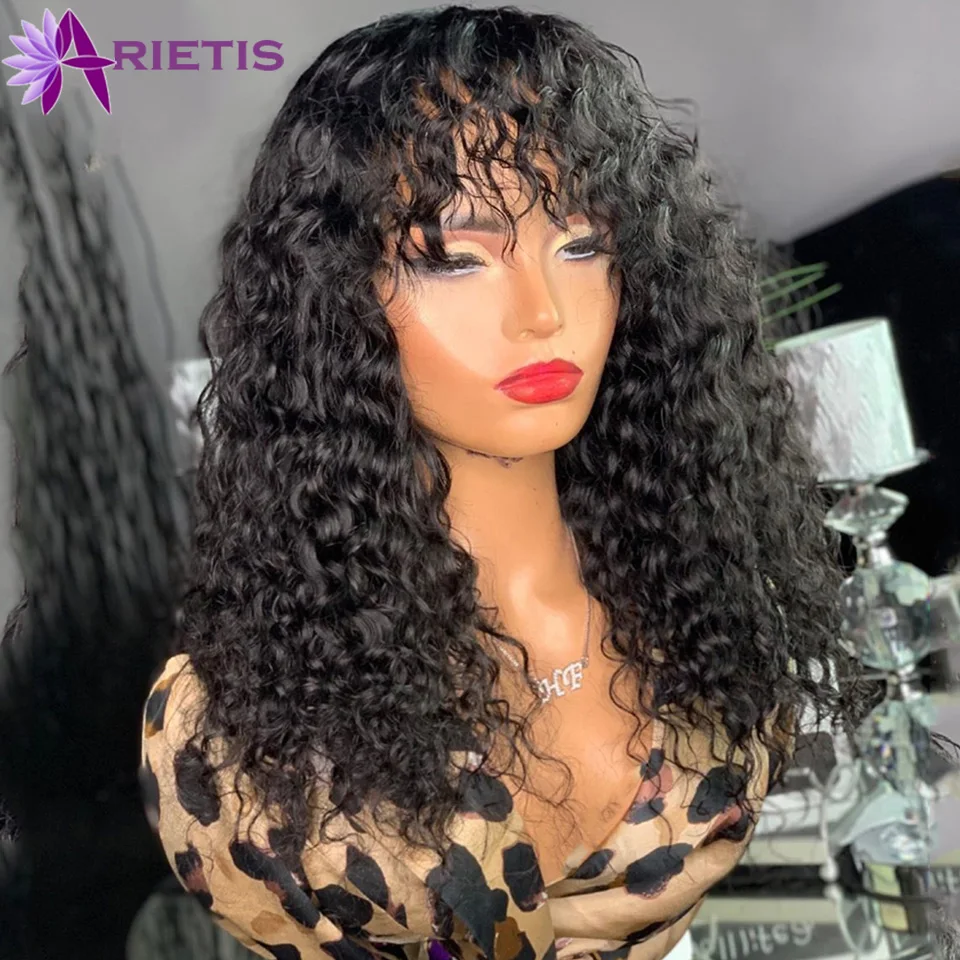 18-24 Inches Cheap Price Water Wave Human Hair Wigs With Bangs Peruvian Remy Hair Full Machine Made Wigs Human Hair Wigs