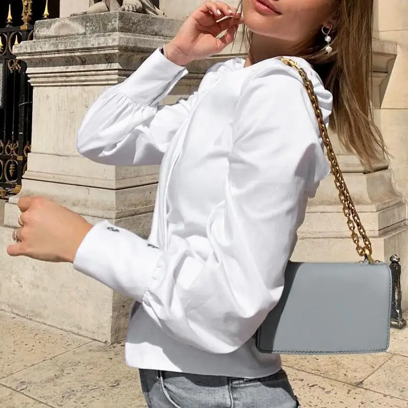 Куркума офисная белая блузка женская элегантная глубокий v-образные вырезы и