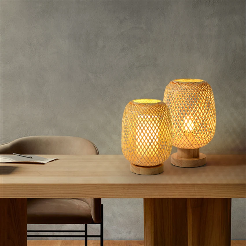 구매 북유럽 일본 대나무 랜턴 테이블 램프, 침실 머리맡 램프 호텔 거실 장식 서재 책상 테이블 조명 기구