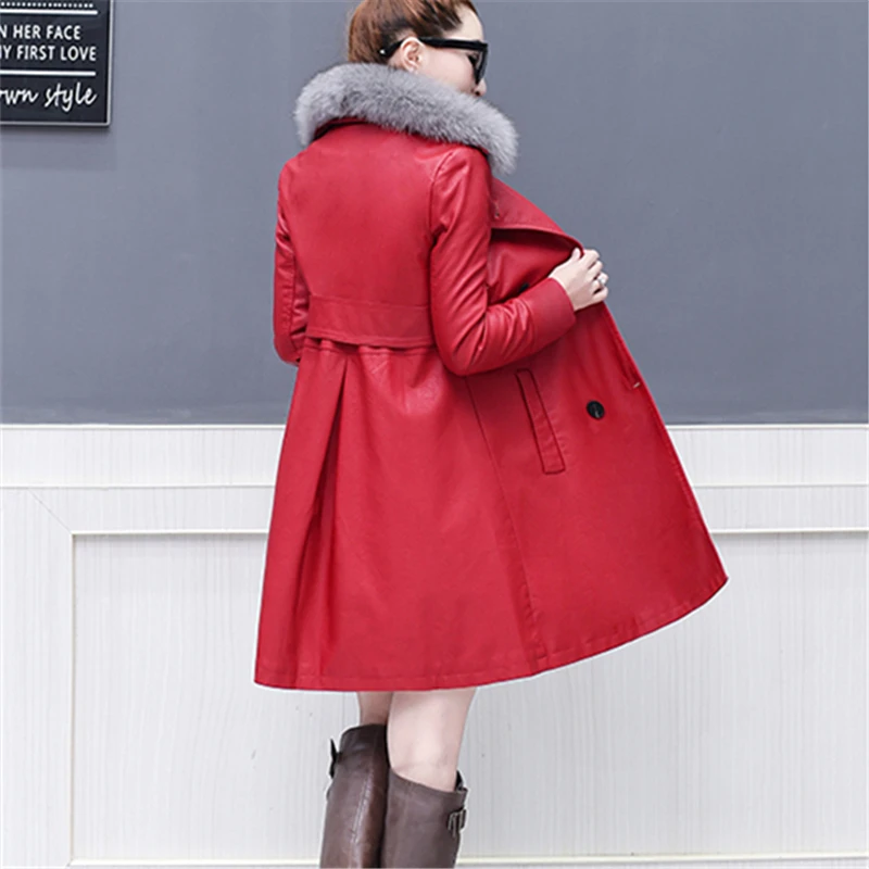 Женская длинная куртка с меховым воротником теплая кожаная длинным рукавом и