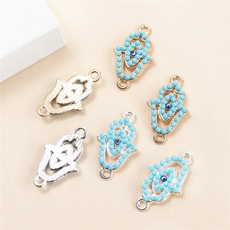 

YEYULIN 10pcs/lot Silver Gold Plated Hand Blue Eye Charms Palm Pendant Connector For Jewelry Making Accessories