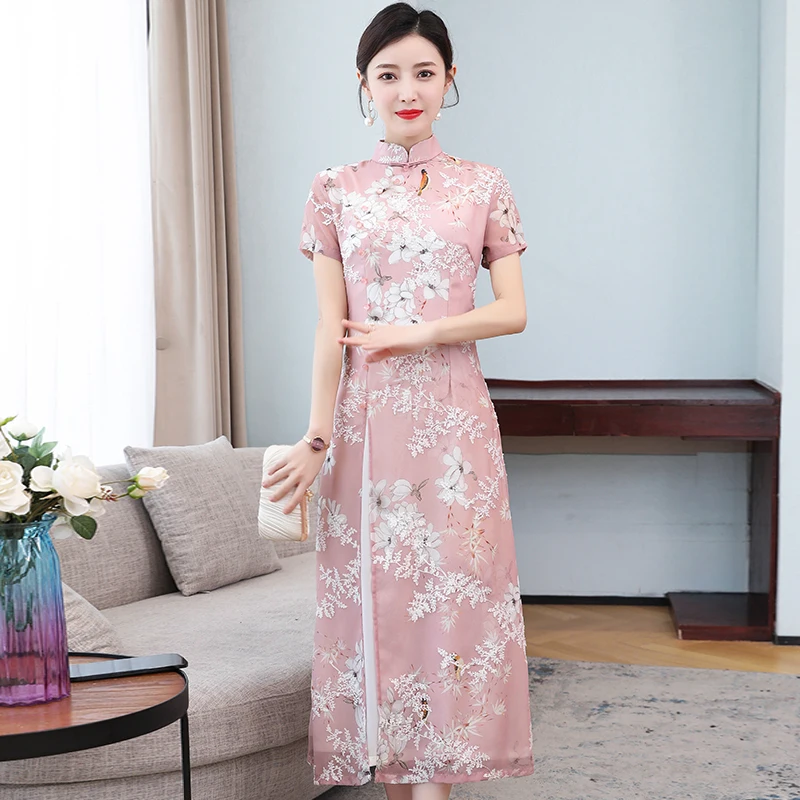 2021 улучшенное платье Ципао ao dai вьетнамская одежда шифоновое с цветочным принтом