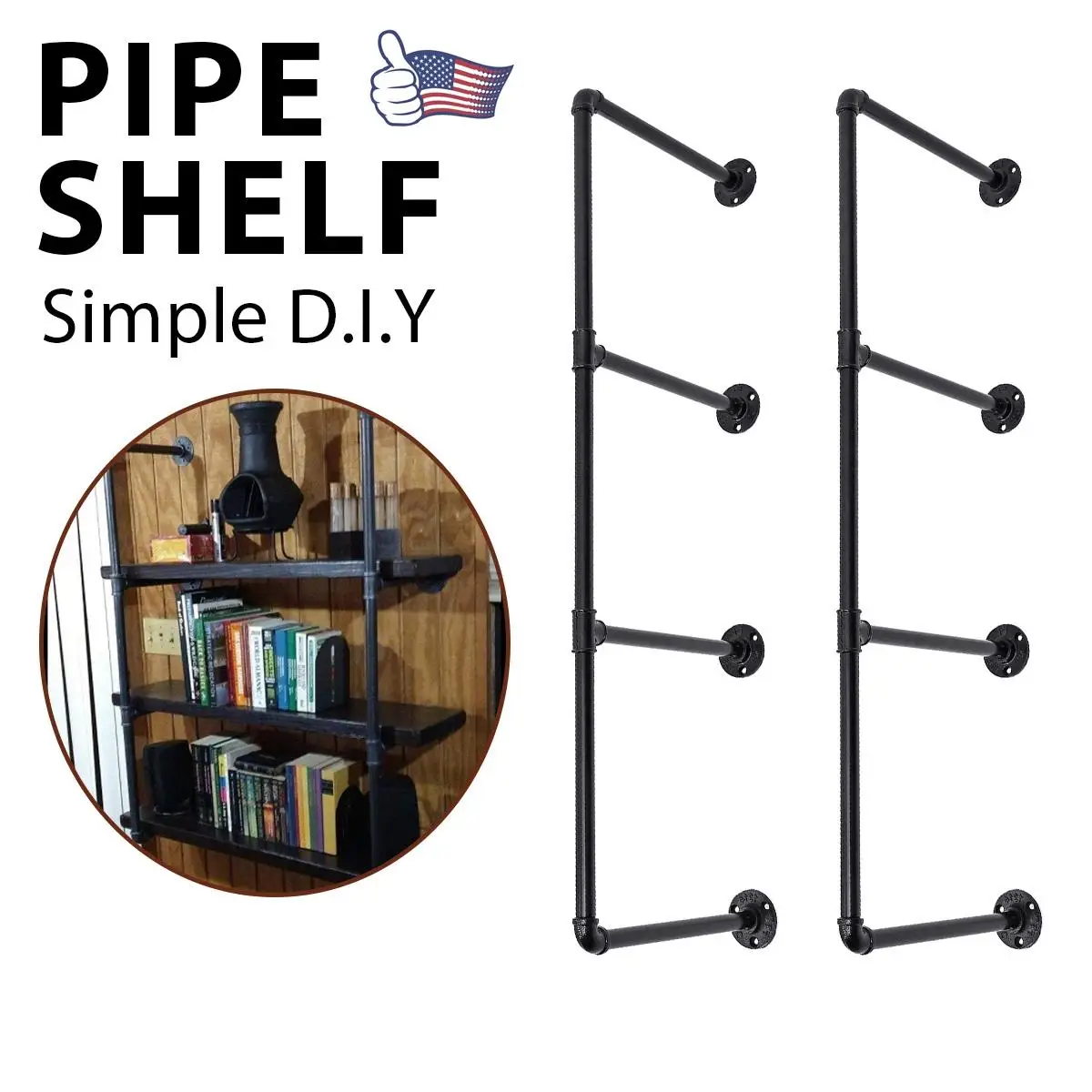

2Pcs 4 Tier DIY Industrial Retro Bookshelf Wall Mounted Storage Shelves Bracket Iron Pipe Shelf for Home Decor Kitchen 90x28cm