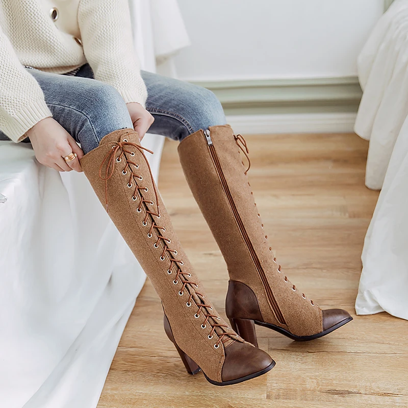

Zoorose Women Winter Boots Mid Calf High Heels Boots Round Toe Square Heel Short Plush Modern Booties Cross Tied Sexy Shoes