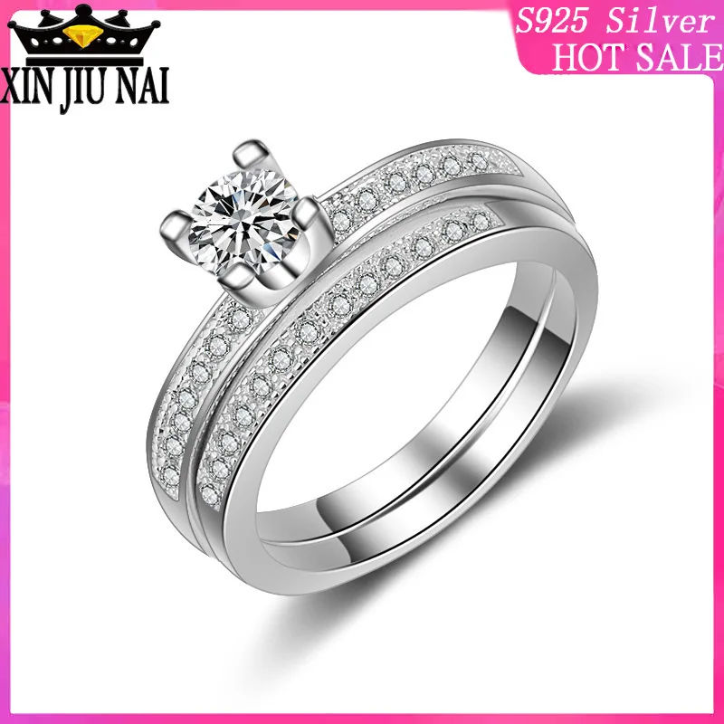 

925 sterling silver Luxury 18 k platinum Zircon Classic 4-Prong Double Row Crown Combination Split Retro Women diamond band ring