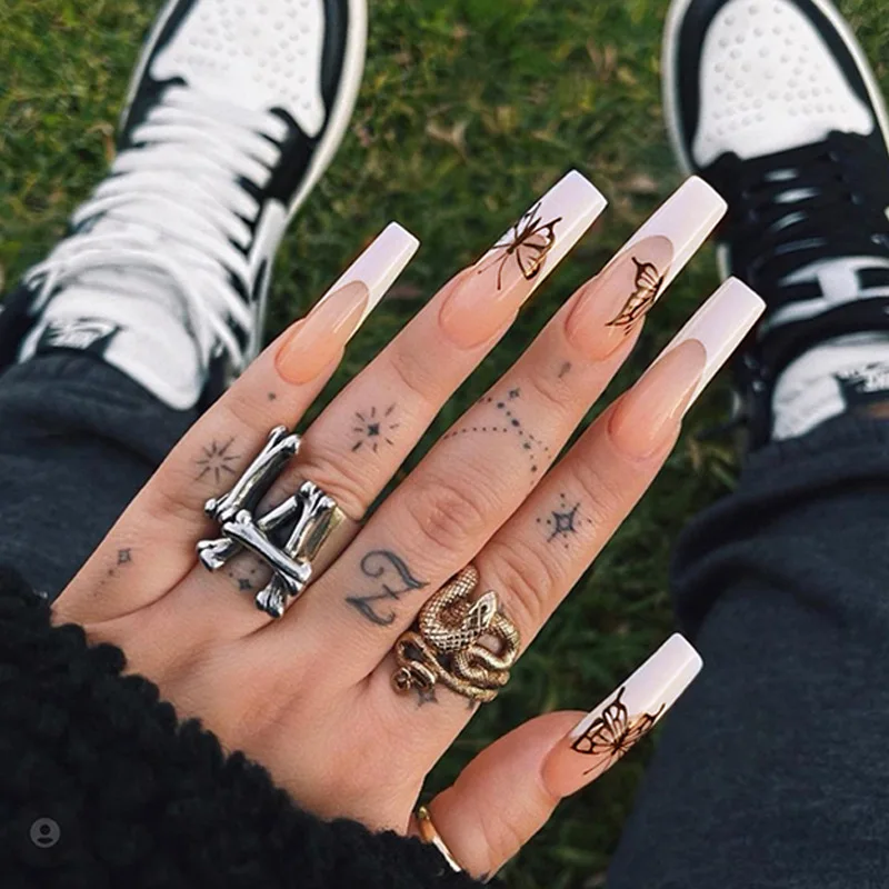 

Butterfly Pattern Nail Art Ballet Fake Nails Trapezoid Long Wearable False Nails With Glue 24pcs/box With Wearing Tools