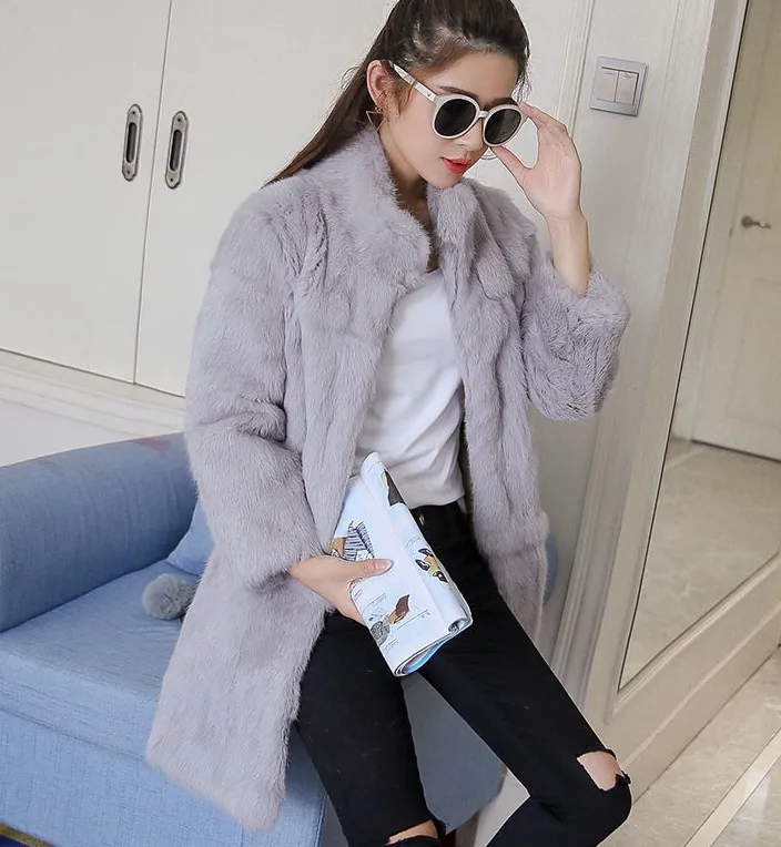 

Free Shipping real coat New women long full pelt rabbit fur overcoat winter outerwear big size F1970