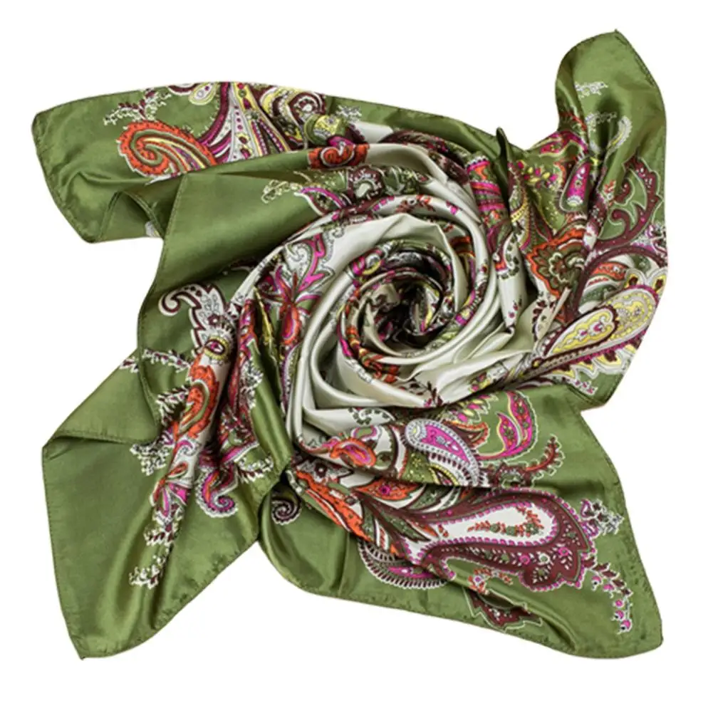 

90x90cm Square Towel Imitated Silk Fabric Women Flower Print Head Wrap Scarf