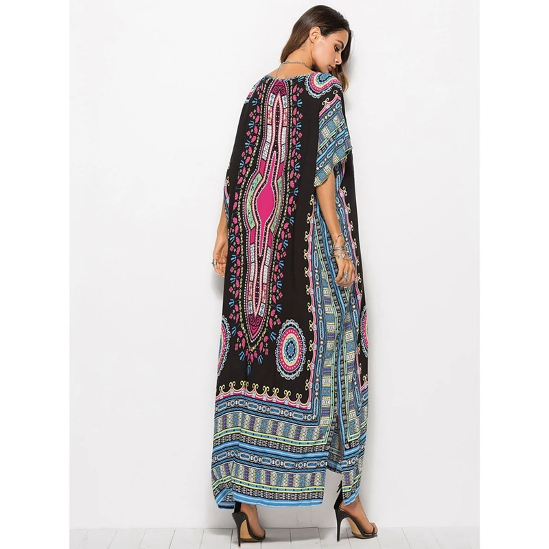 

2 Pcs Beach Dress Florals Print Bats Sleeve Loose Women Robe Dress, Black & Purple