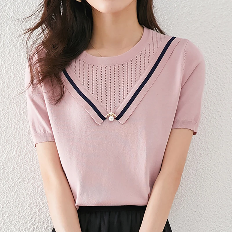 

Hollow Out Knitted T Shirt Women Hit Color Striped Tshirt 2022 Summer Tops T-Shirt Woman Clothes Tee Shirt Femme Camisetas Mujer