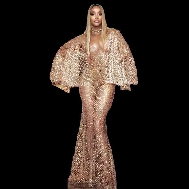 Сексуальное прозрачное вечернее длинное платье с блестками и глубоким V образным