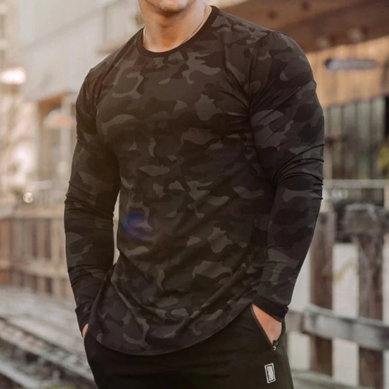 Футболка мужская камуфляжная хлопковая с длинным рукавом Облегающая рубашка для