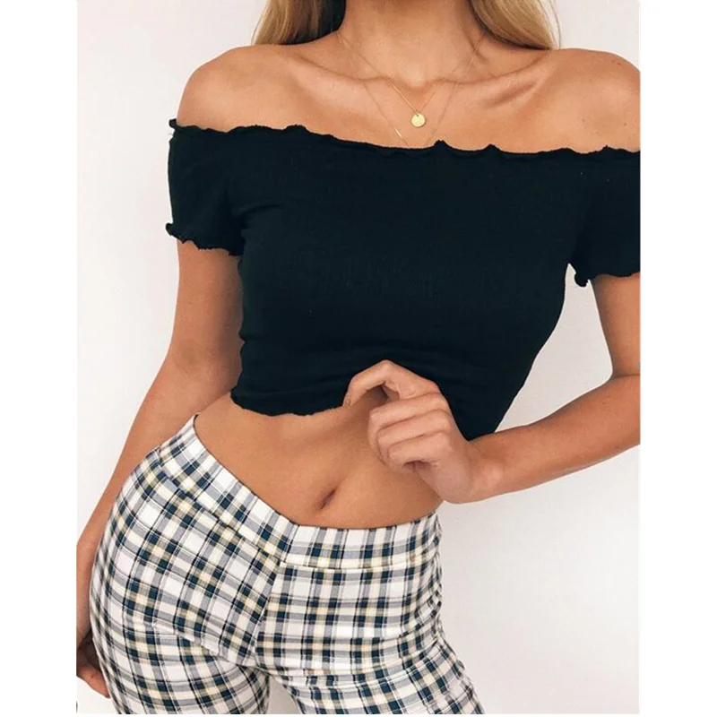 Новинка 2020 модная летняя женская Однотонная футболка с вырезом лодочкой